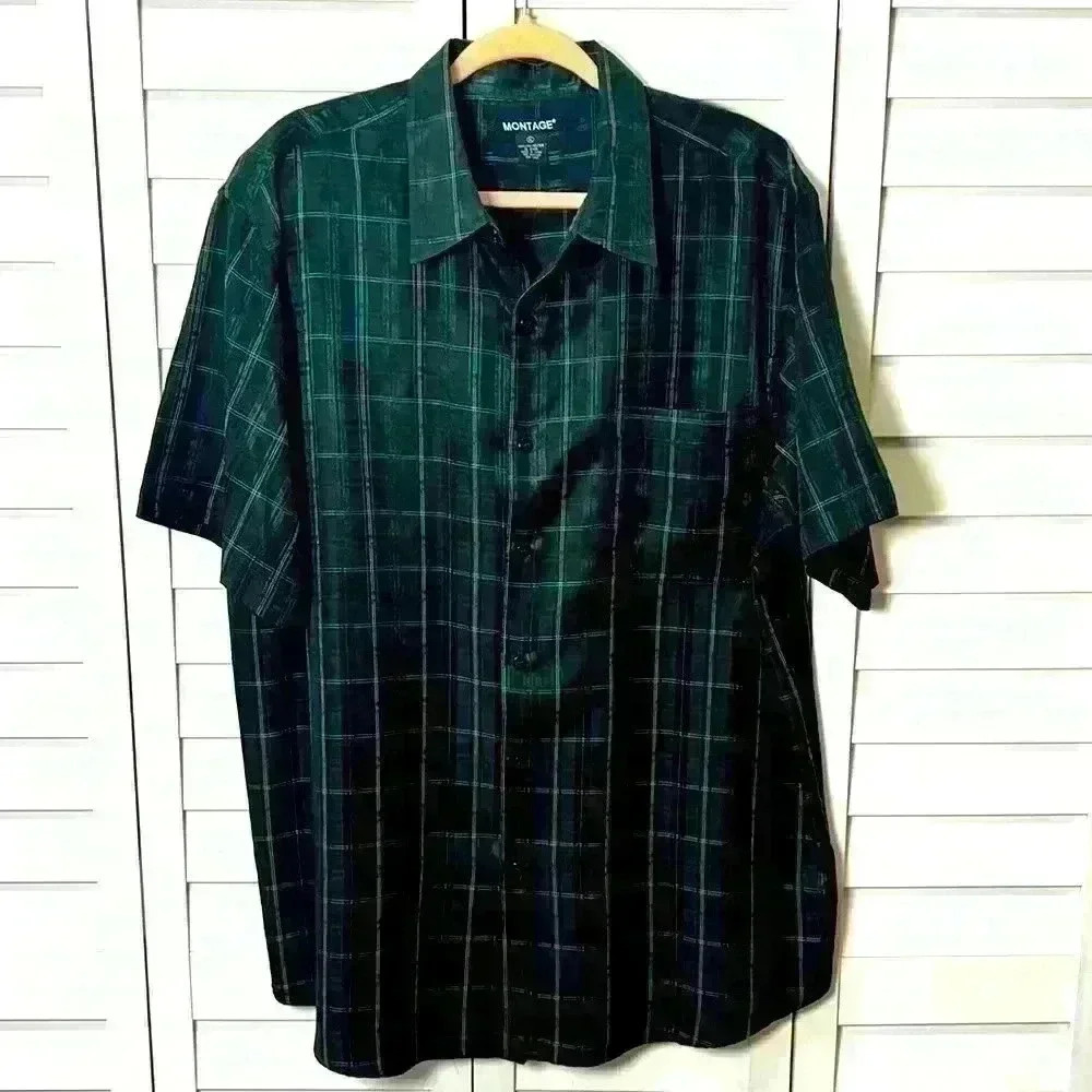 Montage Plaid Short Sleeve Button Down Shirt Men’s Size XL Black & White